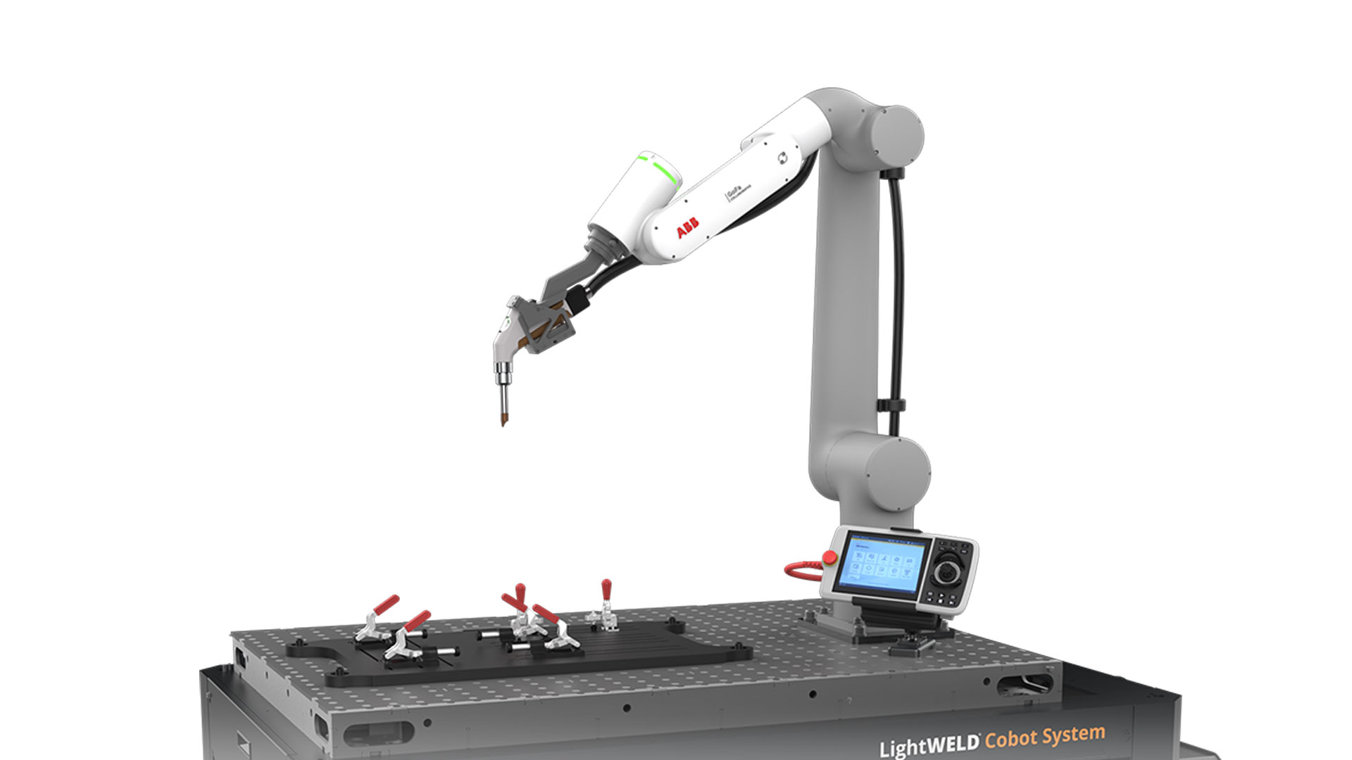 A close up of a laser welding cobot attached to a work table
