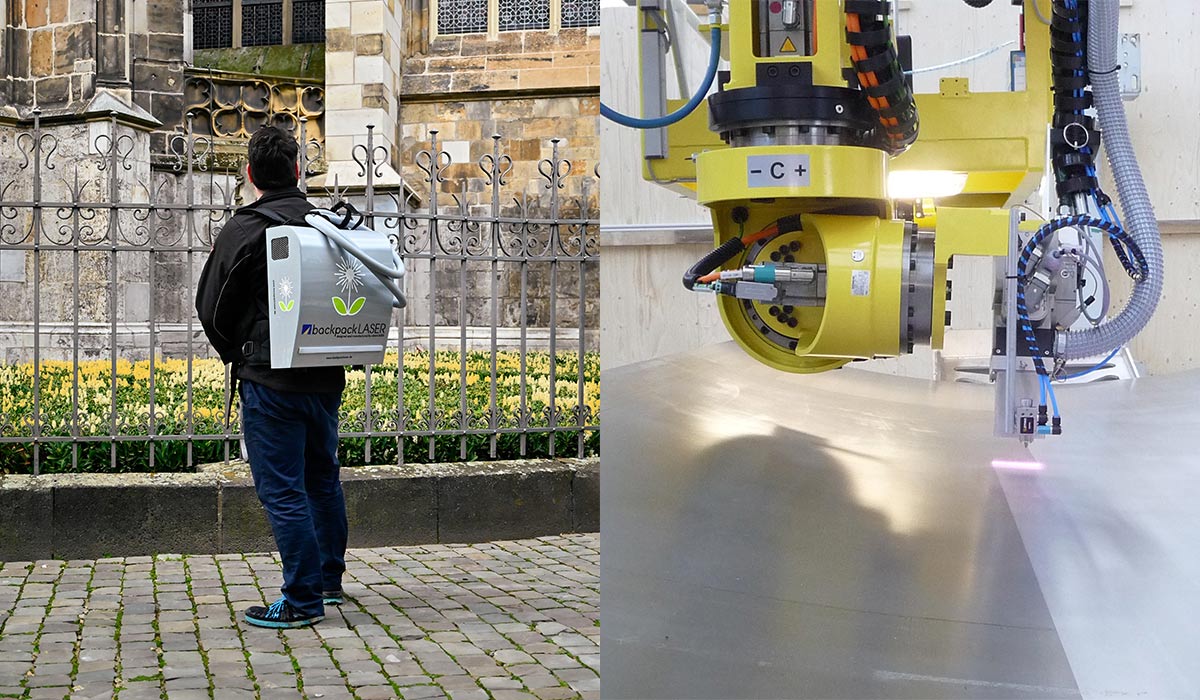 A laser cleaning backpack unit compared with a dedicated automated solution